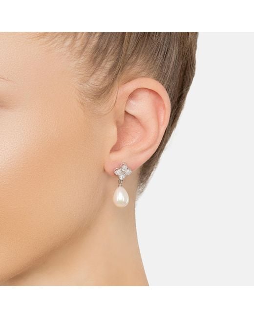 Latelita London White Clover Flower Pearl Drop Cz Earrings