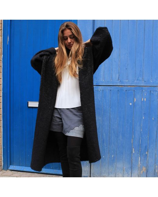 Boutique Kaotique Black Moroccan Oversized Wool Coat With Embroidered Pockets