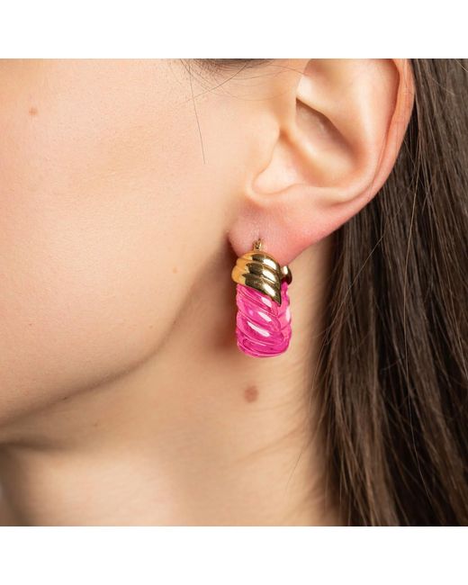 Gold & Honey Pink Tourmaline Rope Shrimp Lucite Birthstone Hoop Earrings