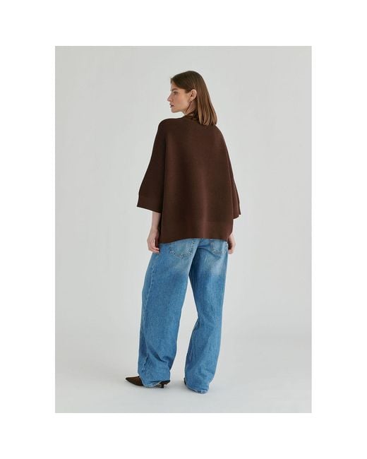 Paisie Brown Mock Neck Cropped Sleeve Ribbed Jumper