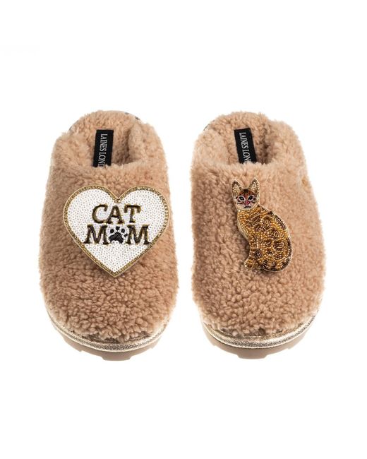 Laines London Natural Neutrals Teddy Closed Toe Slippers With Cat Mum/Mom & Bengal Cat Brooches