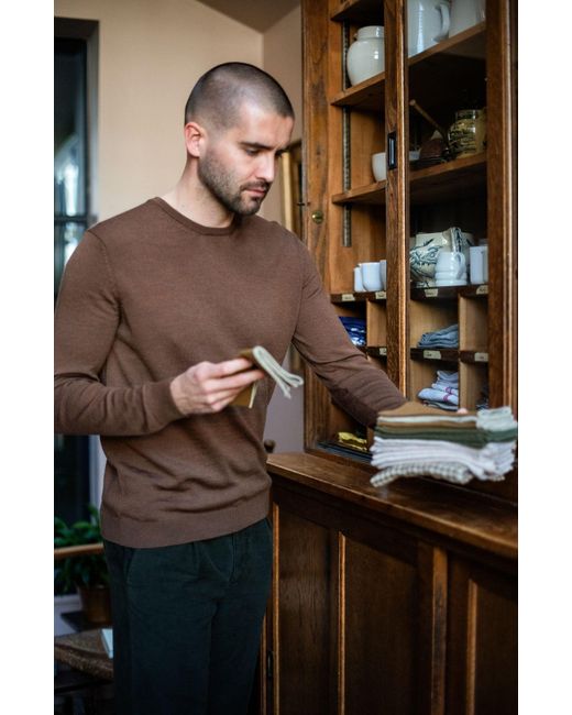 Paul James Knitwear Brown Ultra Fine Cotton Mock Turtle Neck Spencer Jumper for men
