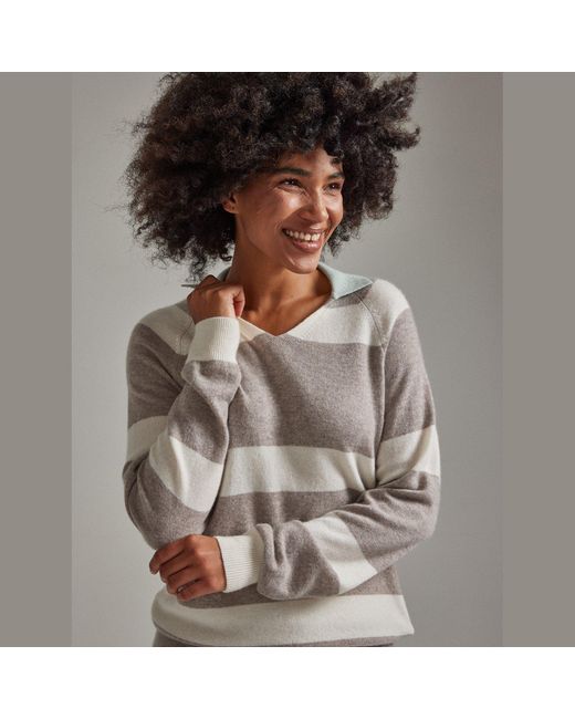 Salts Cashmere Gray Split Neck Polo Stripe Sweater
