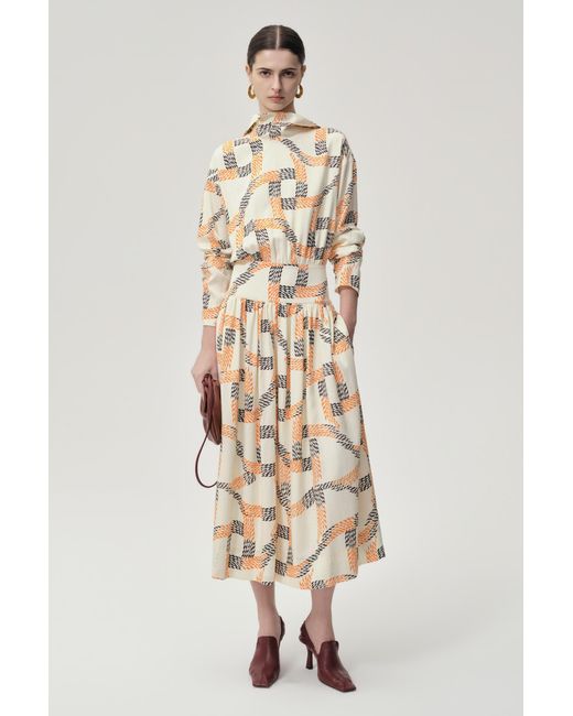 FRONT ROW SHOP Natural Printed Trompe-L'Ceil Dress Multi
