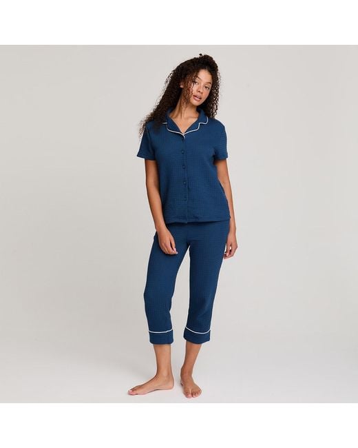 Pretty You London Blue Luxury Suite Waffle Short & Shirt Trouser Set
