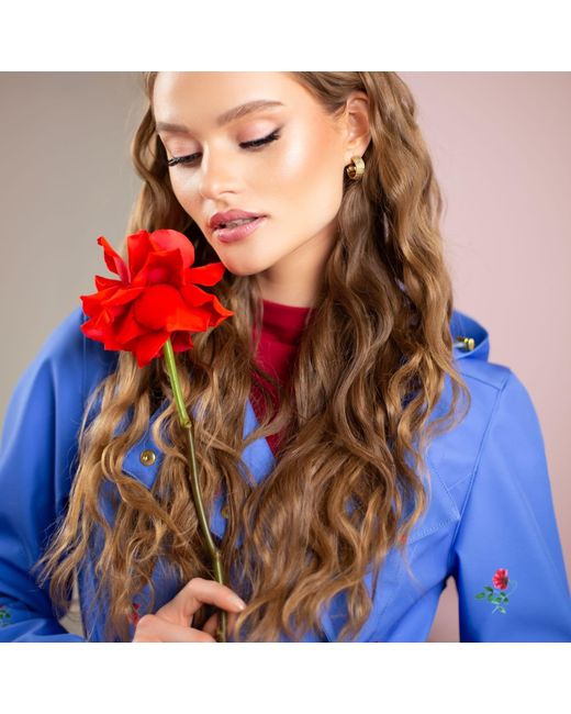 RainSisters Blue Trench Coat With Flower Print: Forget Me Not