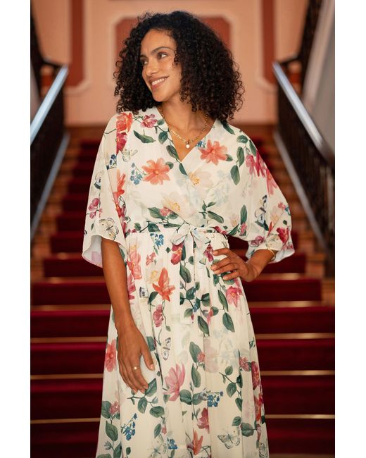 Yumi' White Neutrals Ivory Floral Print Wrap Midi Dress With Dipped Hem