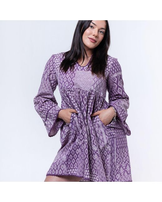 House of Gl Purple Liora Hand-Block Printed Cotton Bell Sleeve Mini Dress With Lace Detail