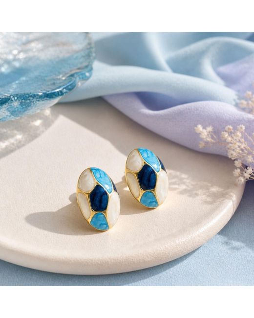 Nuvv Collection Blue Mosaic Enamel Stud Earrings – Plated Statement Piece