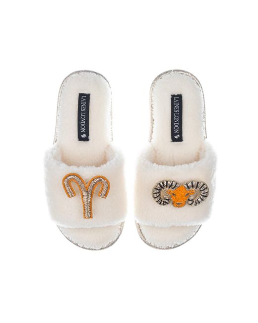 Laines London White Teddy Towelling Slipper Sliders With Aries Zodiac Brooches