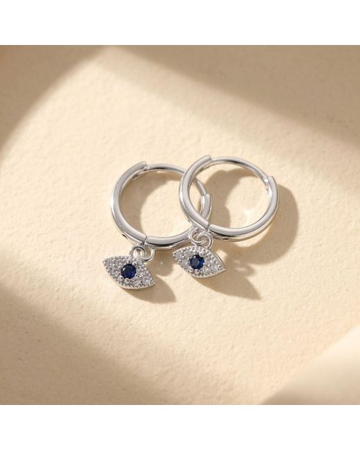 Harfi White Minimalist Small Evil Eye Charm Dainty Hoop Sterling Earrings