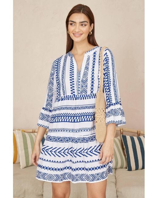 Yumi' Blue Geo Stripe Print Beach Tunic