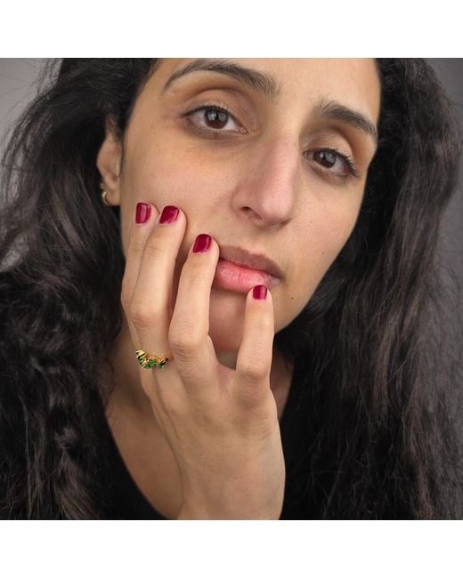 Harfi Green Open Leaf Emerald Gemstone May Birthstone Vermeil Ring