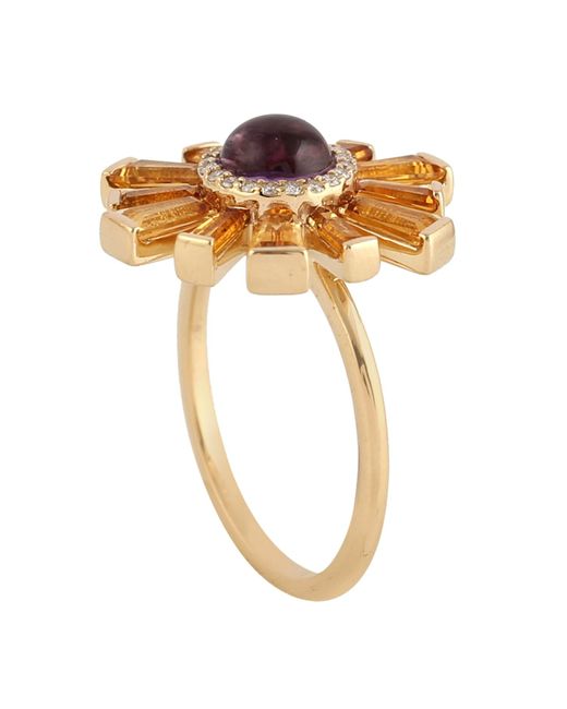 Artisan Metallic 18k Solid Gold In Tapered Baguette Citrine & Amethyst Pave Diamond Cocktail Ring