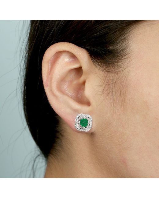 Artisan Multicolor Natural Emerald 14k White Gold Diamond Stud Earrings Handmade Jewelry