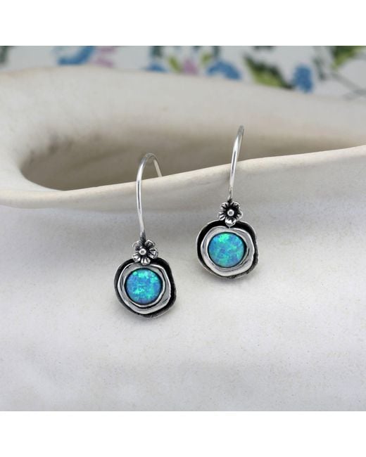 Isla Silver Blue Handmade Sterling Opal Earrings With Dainty Flower Detail