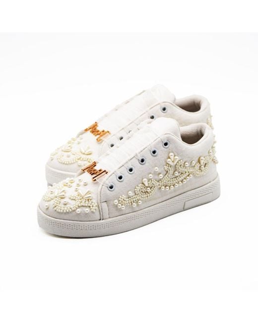 Rettrose White Eloise Luxury Canvas Handmade Embellished Tennis Shoe