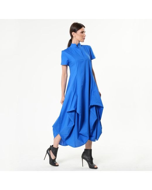 Metamorph Blue Asymmetric Collared Dress With Short Sleeves