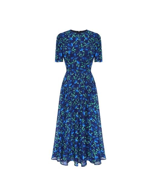 POST MERIDIEM Blue Short Sleeve Floral Midi Dress