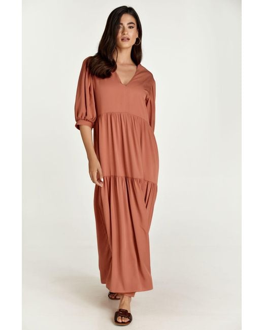 Conquista Red Terracotta V Neck Maxi Dress