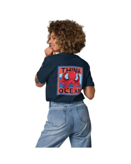 Anchor and Crew Blue Think Ocean Octopus Pixel Art Organic Cotton T-Shirt