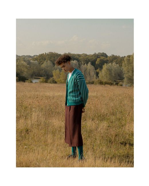 INGMARSON Blue Thin Striped Wool & Cashmere Cardigan for men