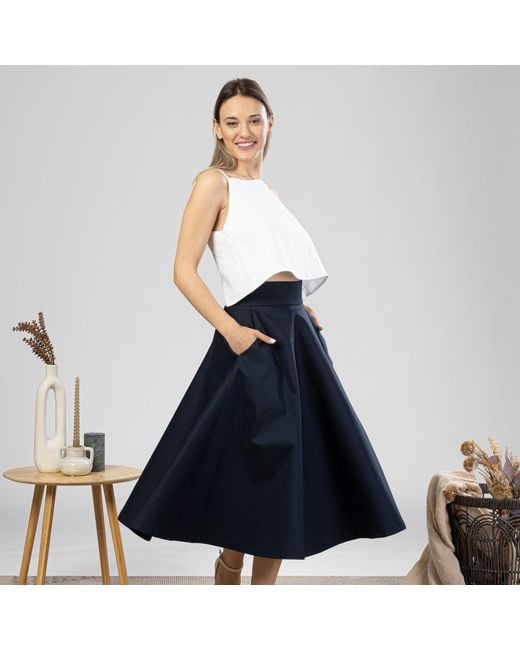 Nikka Place Blue Cotton Midi Flared Skirt With High Waist And Pockets