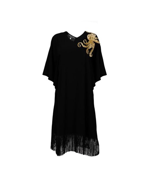 House of Laines London Black Laines Couture Fringed Kaftan With Hand Embellished Octopus