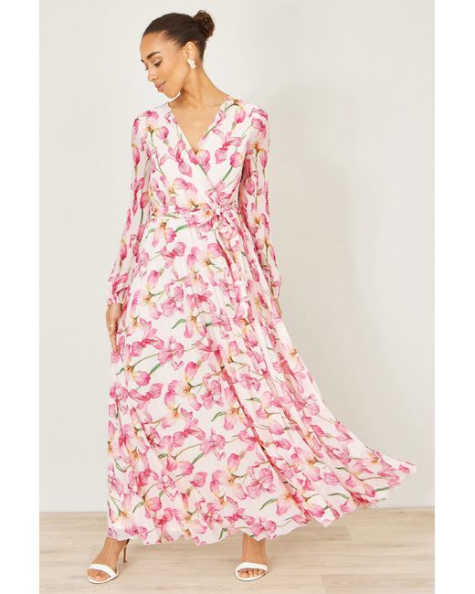 Yumi' Pink Neutrals Orchid Floral Pleated Wrap Maxi Dress