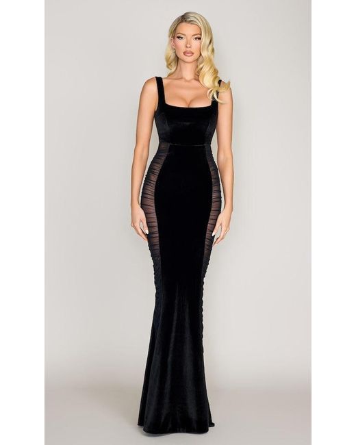 Moda Glam Black Allure Velvet Square Neck Gown W/ Sheer Mesh Sides