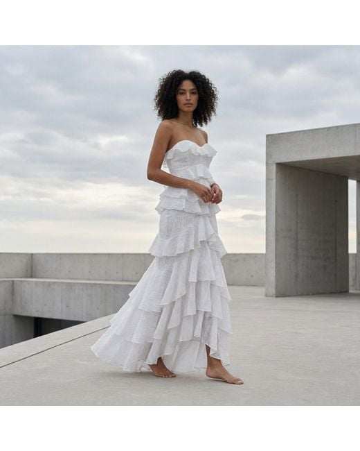 Modenaire White Tiered Ruffle Maxi Dress Strapless Silhouette