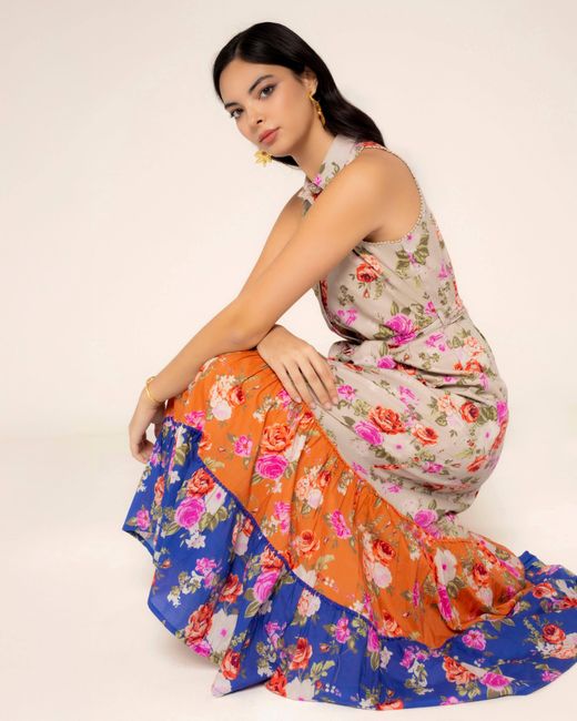 Niza Orange Long Dress With Ruffles Rosys