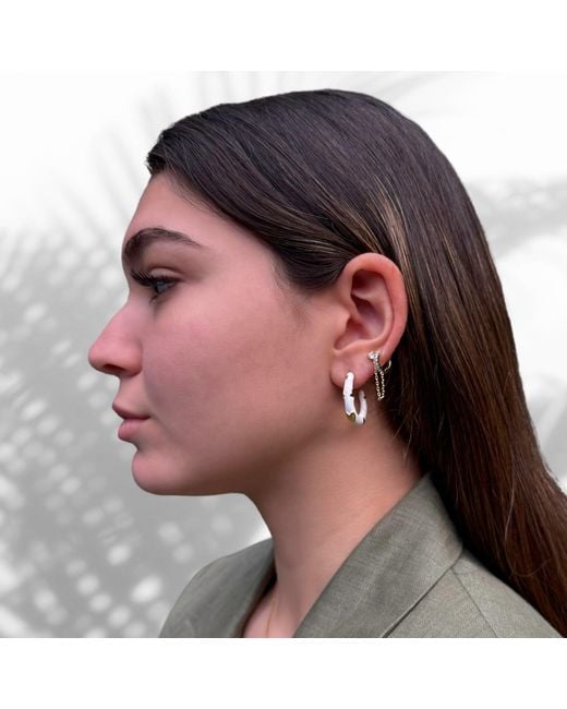 Ebru Jewelry Metallic White Enamel Gold Heart Hoop Earrings