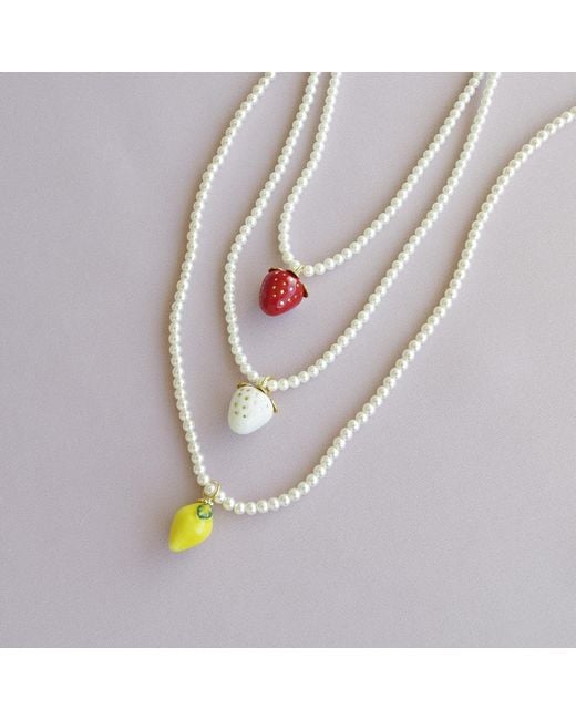 POPORCELAIN White Mini Porcelain Strawberry Swarovski Pearl Necklace