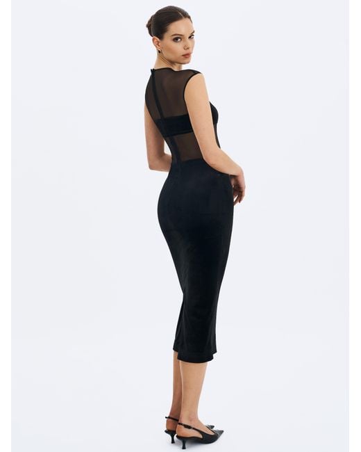 Miss Circle New York Black Quielle Mesh & Velvet Midi Bodycon Dress