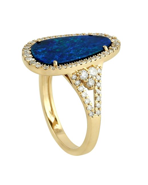 Artisan Blue 18k Gold Oval Opal Doublet Gemstone Natural Diamond Cocktail Ring Handmade