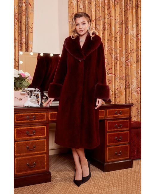 Santinni Red 'Sunset Boulevard' Long Wool Coat With Faux Fur Collar