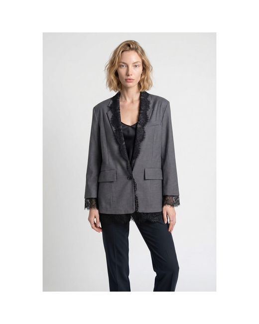 Modenaire Gray Tailored Blazer With Lace Trim Lapel