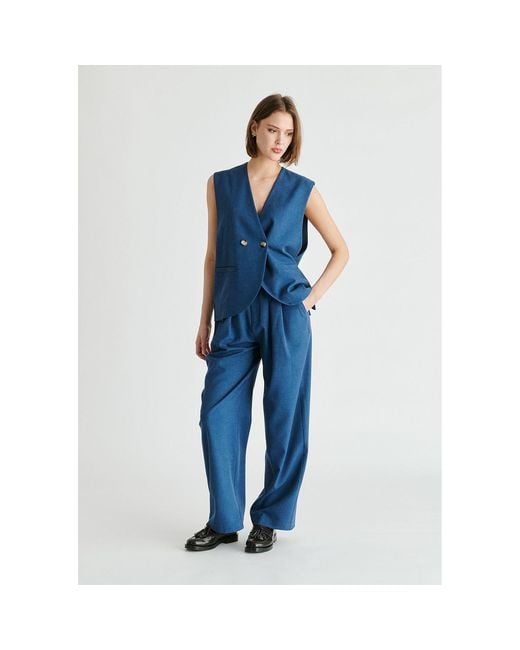 Paisie Blue Belted Wide Leg Trousers With Box Pleats