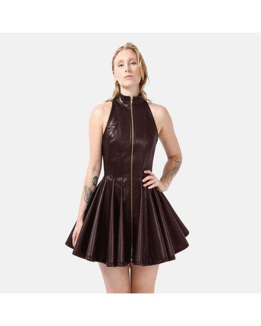 Kargede Brown Pleated Chocolate Leather Mini Dress – Evening Zip Up With High Neck & Designer Faux