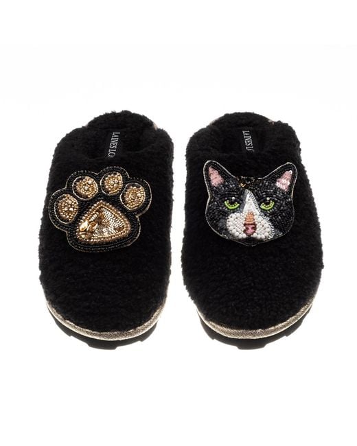 Laines London Black Teddy Closed Toe Slippers With Oreo Cat & Paw Brooches