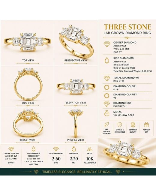 Aya Fine Jewelry White Three Stone Emerald Cut Lab Diamond Ring With Radiant Side Stones