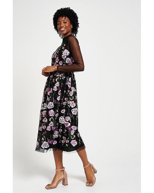 Frock and Frill Black Raena Floral Embroidered Midi Dress