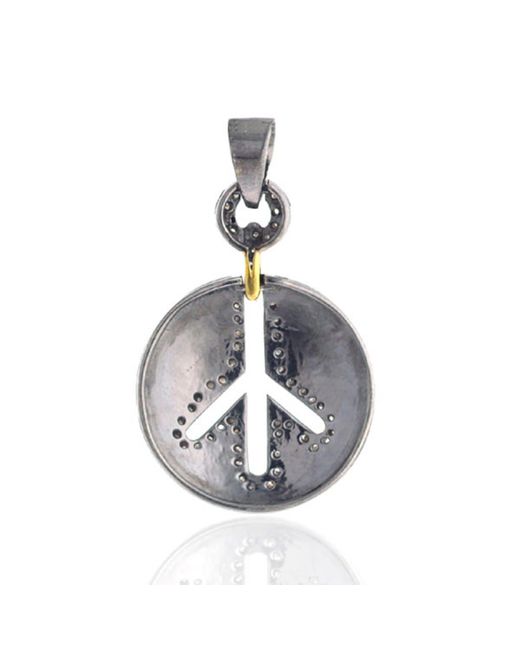 Artisan Black 18k Gold & 925 Silver In Pave Diamond Peace Sign Symbol Enamel Charm Pendant