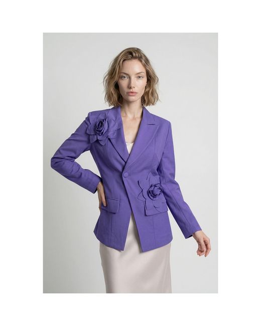 Modenaire Purple Structured Blazer Tailored Fit Floral Appliqué