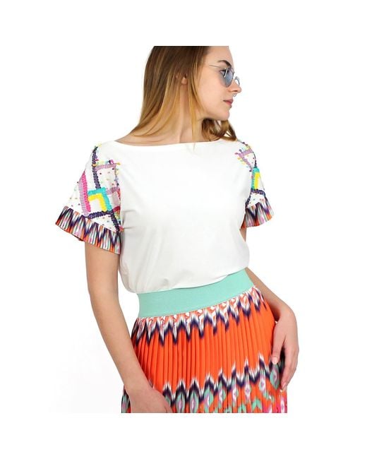 Lalipop Design Multicolor Blouse With Pleated Sleeves & Embroidery Details On Shoulders