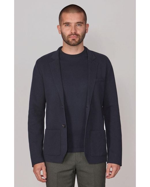 Paul James Knitwear Blue Lightweight Cotton Cornelius Formal Knitted Blazer for men