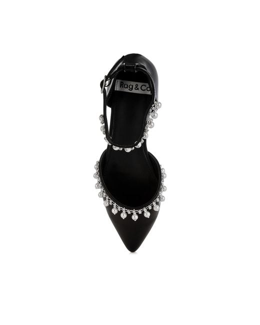 Rag & Co Black Aouva Rhinestone & Pearl Ankle Strap Flat Sandals