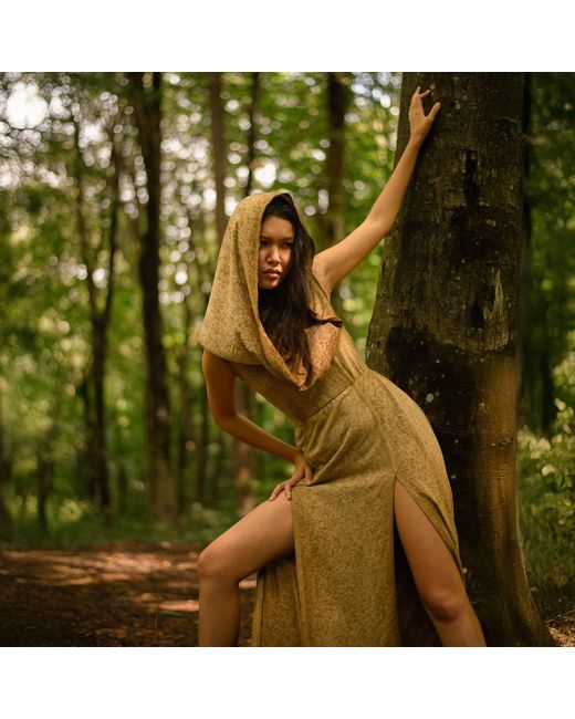 Zhenabia Metallic Hera Hooded Dress Desert Sand