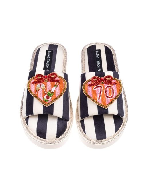 Laines London Red Flatform Stripe Open Toe Slippers With Stripe Heart 70Th Birthday Brooches
